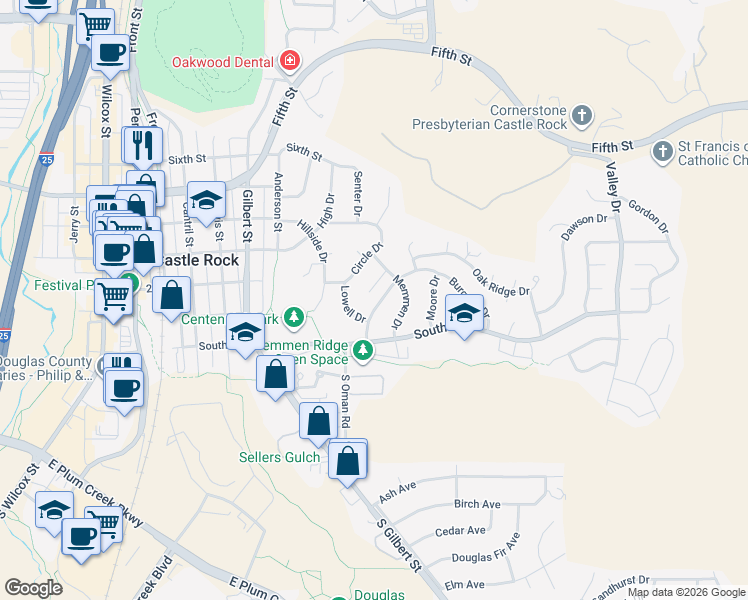 map of restaurants, bars, coffee shops, grocery stores, and more near 106 Burgess Drive in Castle Rock