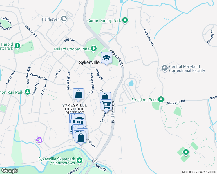 map of restaurants, bars, coffee shops, grocery stores, and more near 7407 Village Road in Sykesville