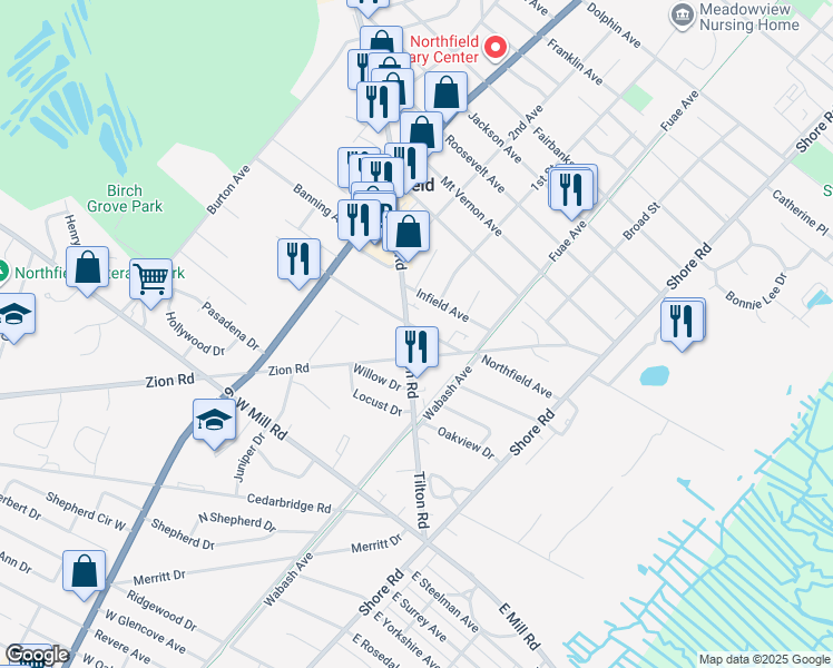 map of restaurants, bars, coffee shops, grocery stores, and more near in Northfield