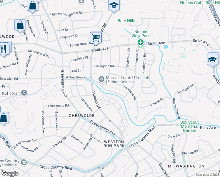 map of restaurants, bars, coffee shops, grocery stores, and more near 6317 Green Meadow Parkway in Baltimore