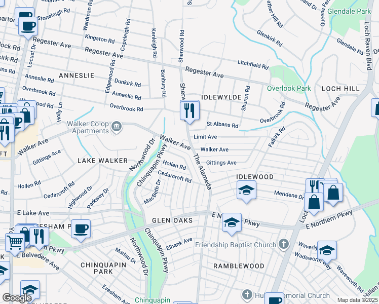 map of restaurants, bars, coffee shops, grocery stores, and more near 1117 Walker Avenue in Baltimore