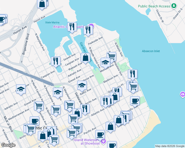 map of restaurants, bars, coffee shops, grocery stores, and more near 300 North Massachusetts Avenue in Atlantic City