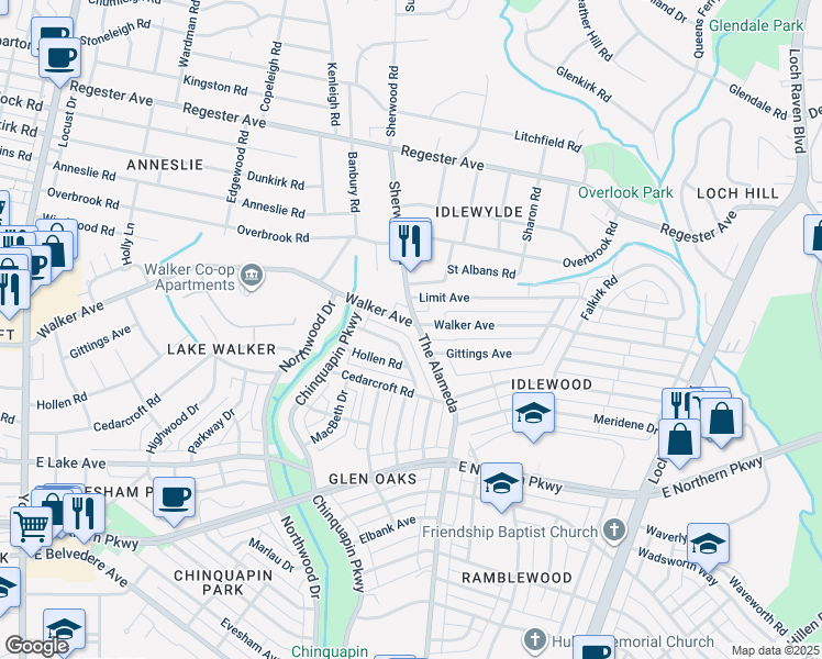 map of restaurants, bars, coffee shops, grocery stores, and more near 1117 Walker Avenue in Baltimore