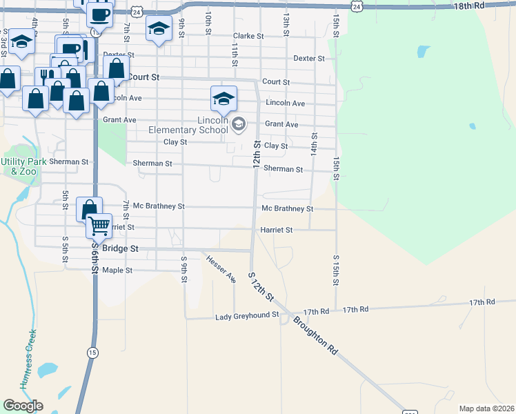 map of restaurants, bars, coffee shops, grocery stores, and more near 100-198 12th Street in Clay Center