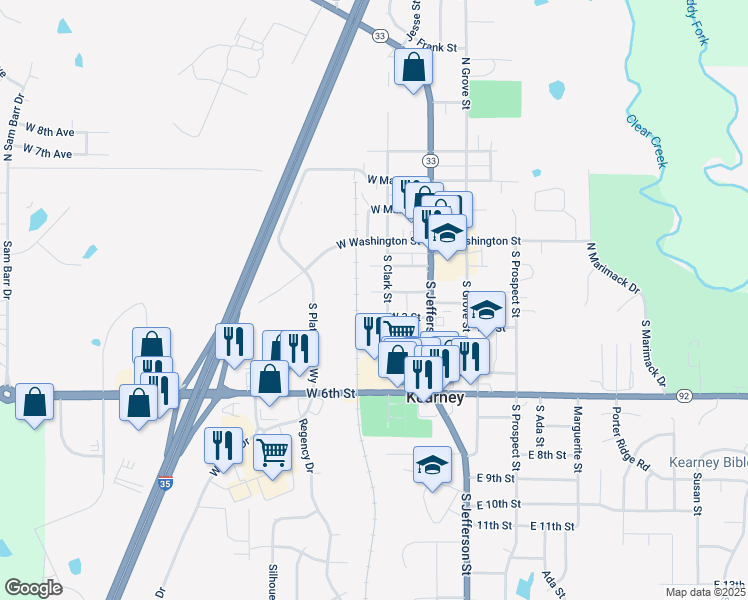 map of restaurants, bars, coffee shops, grocery stores, and more near 206 South Clark Street in Kearney