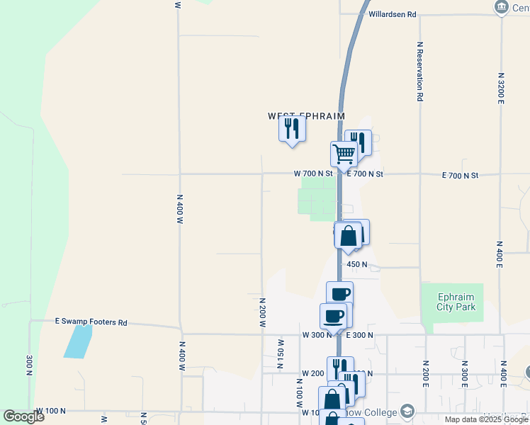 map of restaurants, bars, coffee shops, grocery stores, and more near 606 North 200 West in Ephraim
