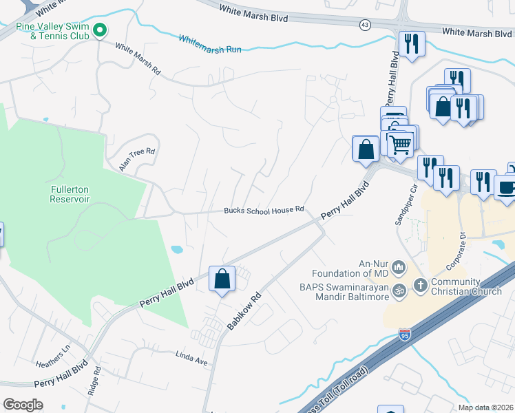 map of restaurants, bars, coffee shops, grocery stores, and more near 1 Comes Ridge Court in White Marsh