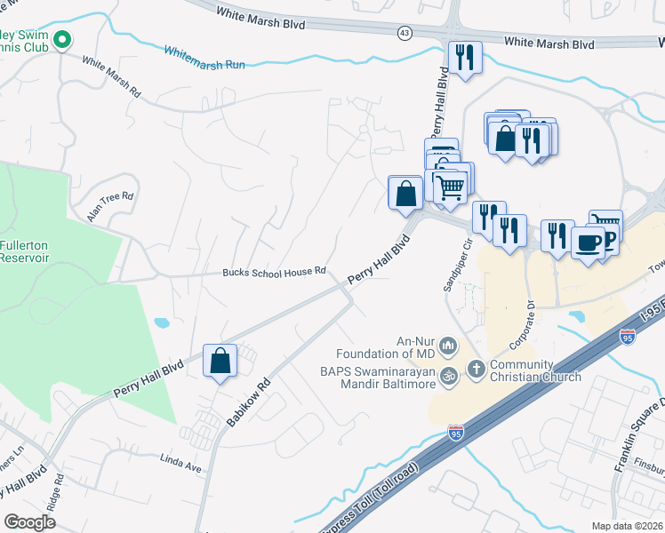 map of restaurants, bars, coffee shops, grocery stores, and more near 5054 Bucks School House Road in Rosedale
