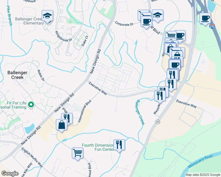 map of restaurants, bars, coffee shops, grocery stores, and more near 7130 McHenry Mews in Frederick