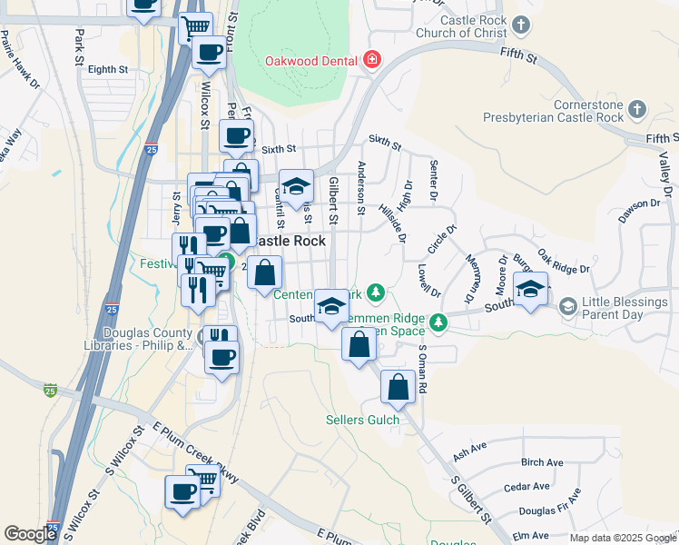 map of restaurants, bars, coffee shops, grocery stores, and more near 108 Gilbert Street in Castle Rock