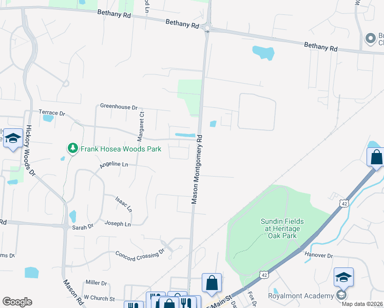 map of restaurants, bars, coffee shops, grocery stores, and more near 4664 Court Yard Drive in Mason