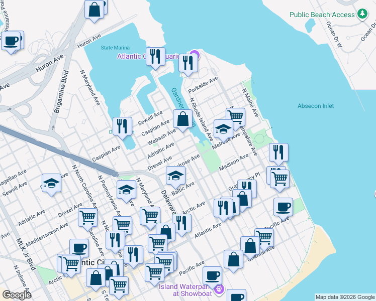 map of restaurants, bars, coffee shops, grocery stores, and more near 302 Connecticut Avenue in Atlantic City