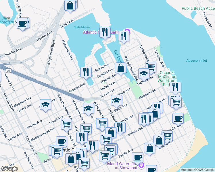 map of restaurants, bars, coffee shops, grocery stores, and more near 638 Drexel Avenue in Atlantic City