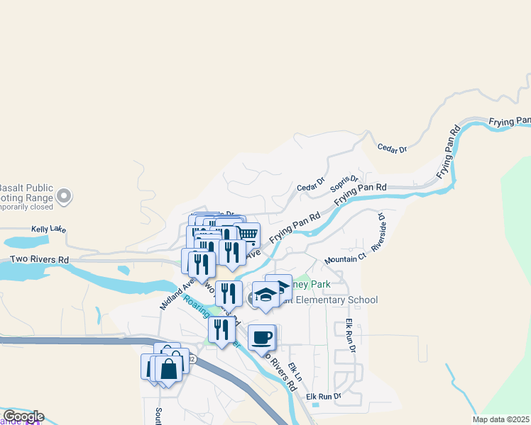 map of restaurants, bars, coffee shops, grocery stores, and more near 51 Ridge Road in Basalt