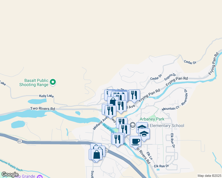 map of restaurants, bars, coffee shops, grocery stores, and more near 120 Tucker Ln in Basalt