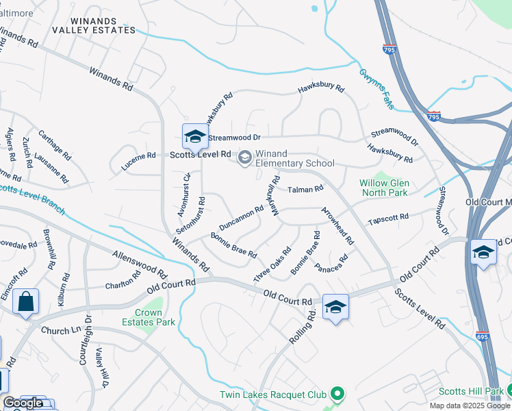 map of restaurants, bars, coffee shops, grocery stores, and more near 4704 Duncannon Road in Pikesville