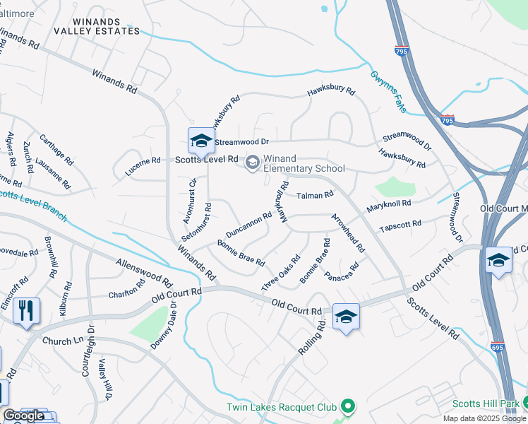 map of restaurants, bars, coffee shops, grocery stores, and more near 4704 Duncannon Road in Pikesville