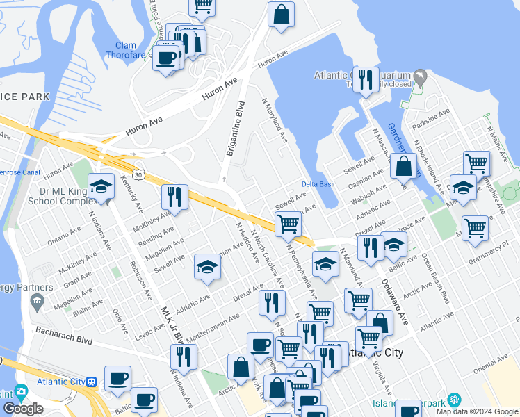 map of restaurants, bars, coffee shops, grocery stores, and more near 655 Absecon Boulevard in Atlantic City