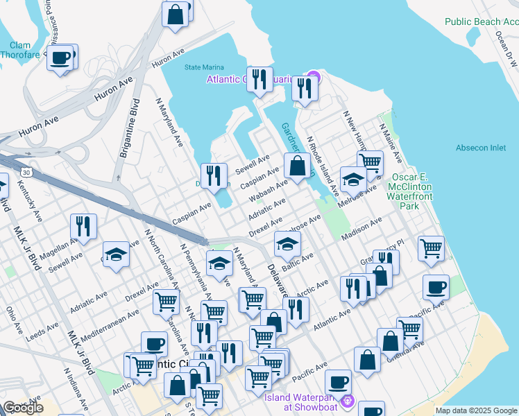 map of restaurants, bars, coffee shops, grocery stores, and more near 730 Adriatic Avenue in Atlantic City