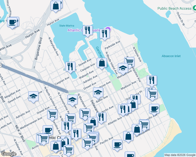 map of restaurants, bars, coffee shops, grocery stores, and more near 302 Connecticut Avenue in Atlantic City