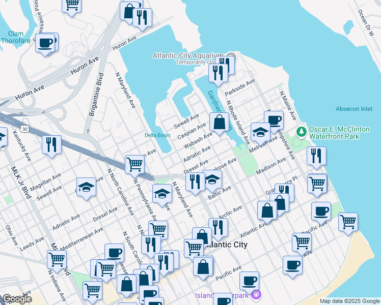 map of restaurants, bars, coffee shops, grocery stores, and more near 730 Adriatic Avenue in Atlantic City