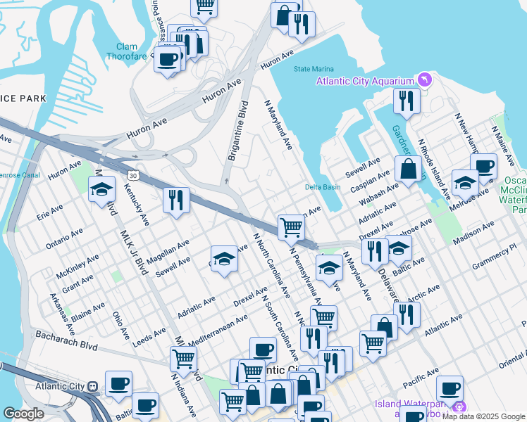 map of restaurants, bars, coffee shops, grocery stores, and more near 615 North North Carolina Avenue in Atlantic City