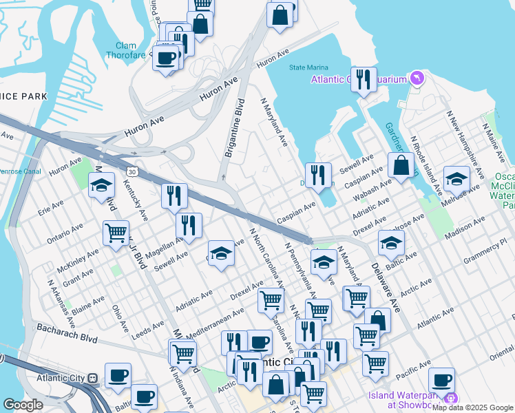 map of restaurants, bars, coffee shops, grocery stores, and more near 615 North North Carolina Avenue in Atlantic City