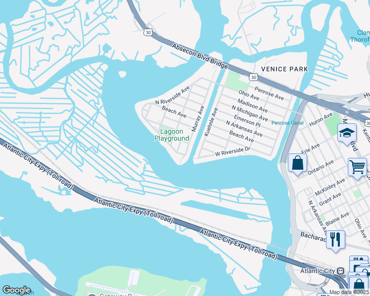 map of restaurants, bars, coffee shops, grocery stores, and more near 1800 West Riverside Drive in Atlantic City