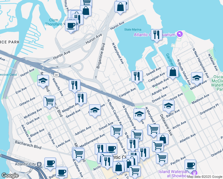 map of restaurants, bars, coffee shops, grocery stores, and more near 615 North North Carolina Avenue in Atlantic City