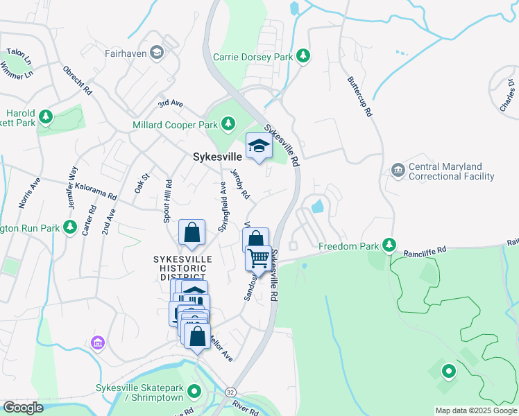 map of restaurants, bars, coffee shops, grocery stores, and more near 7417 Village Road in Sykesville