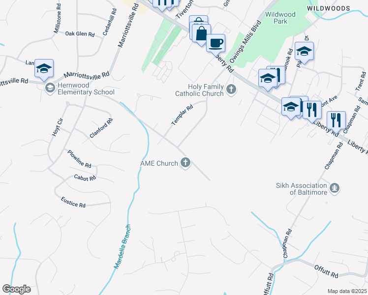 map of restaurants, bars, coffee shops, grocery stores, and more near 9637 Axehead Court in Randallstown