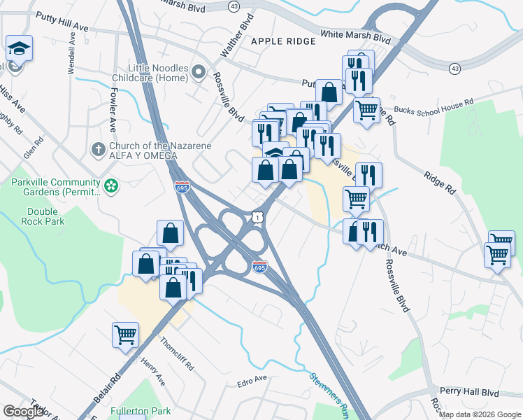 map of restaurants, bars, coffee shops, grocery stores, and more near Belair Road in Overlea