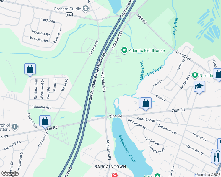 map of restaurants, bars, coffee shops, grocery stores, and more near 3346 Bargaintown Road in Egg Harbor Township