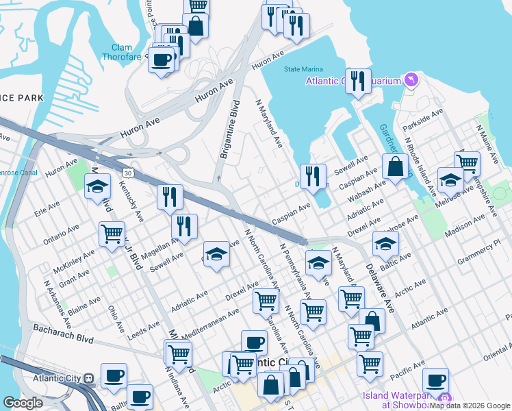 map of restaurants, bars, coffee shops, grocery stores, and more near 721 North Pennsylvania Avenue in Atlantic City