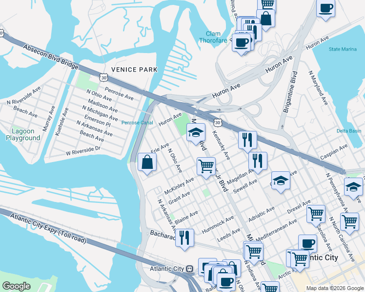 map of restaurants, bars, coffee shops, grocery stores, and more near 1700 Huron Avenue in Atlantic City