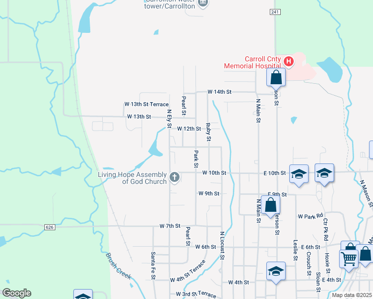 map of restaurants, bars, coffee shops, grocery stores, and more near 1107 Pearl Street in Carrollton