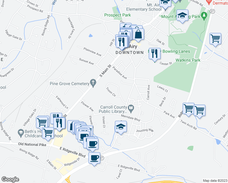 map of restaurants, bars, coffee shops, grocery stores, and more near 104 Troon Circle in Mount Airy