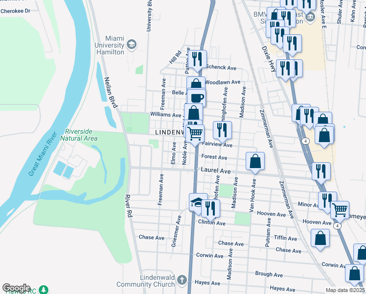 map of restaurants, bars, coffee shops, grocery stores, and more near 2539 Noble Avenue in Hamilton
