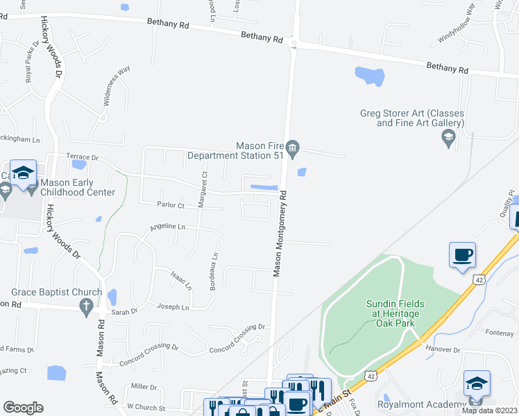 map of restaurants, bars, coffee shops, grocery stores, and more near 4692 Court Yard Drive in Mason