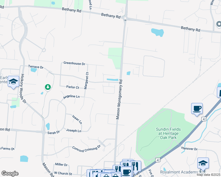 map of restaurants, bars, coffee shops, grocery stores, and more near 4692 Court Yard Drive in Mason