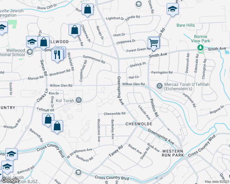 map of restaurants, bars, coffee shops, grocery stores, and more near 6320 Greenspring Avenue in Baltimore