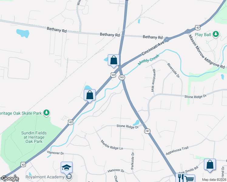 map of restaurants, bars, coffee shops, grocery stores, and more near 4036 Spanish Bay Drive in Mason