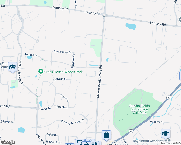 map of restaurants, bars, coffee shops, grocery stores, and more near 4695 Court Yard Drive in Mason