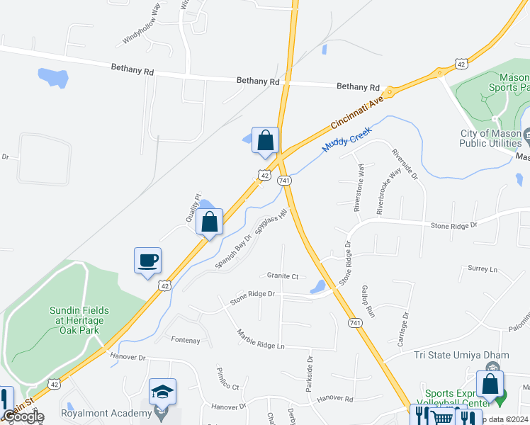 map of restaurants, bars, coffee shops, grocery stores, and more near 4036 Spanish Bay Drive in Mason