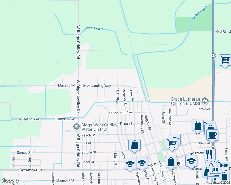 map of restaurants, bars, coffee shops, grocery stores, and more near 1845 Indiana Street in Gridley
