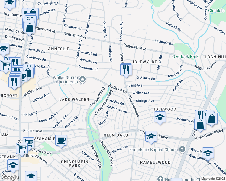 map of restaurants, bars, coffee shops, grocery stores, and more near 6225 Chinquapin Parkway in Baltimore
