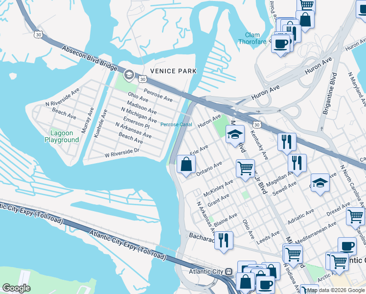 map of restaurants, bars, coffee shops, grocery stores, and more near 1965 Horace J Bryant Junior Drive in Atlantic City