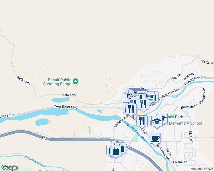 map of restaurants, bars, coffee shops, grocery stores, and more near 448 Wilderness Road in Basalt