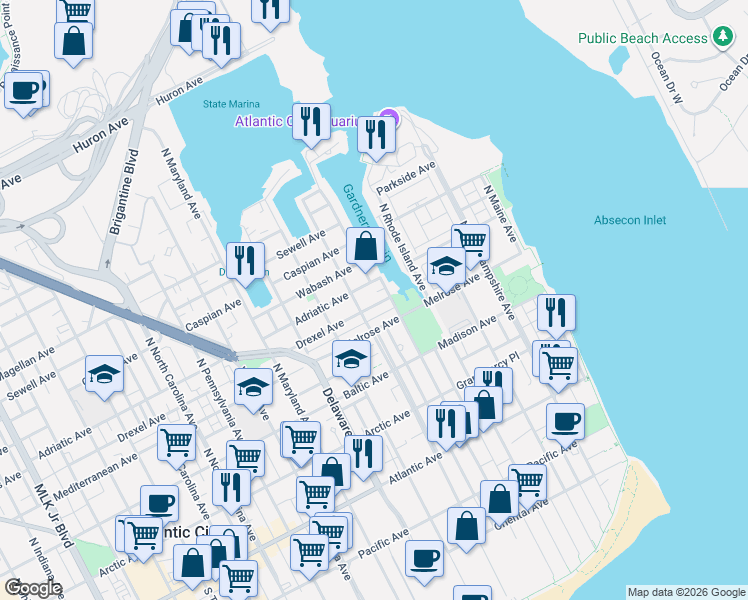 map of restaurants, bars, coffee shops, grocery stores, and more near 400 North Massachusetts Avenue in Atlantic City