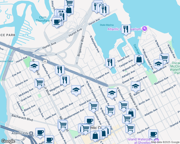 map of restaurants, bars, coffee shops, grocery stores, and more near 721 North Pennsylvania Avenue in Atlantic City
